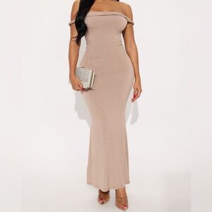 NWT Fashion Nova Off-Shoulder Tan Maxi Glitter Dress- Taupe- Size L